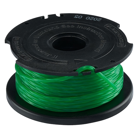 A BLACK+DECKER replacement spool with green trimmer line, model A6482, shown coiled in a black plastic reel.