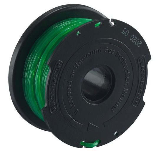 A BLACK+DECKER spool of green trimmer line housed in a black plastic casing, designed for string trimmers.