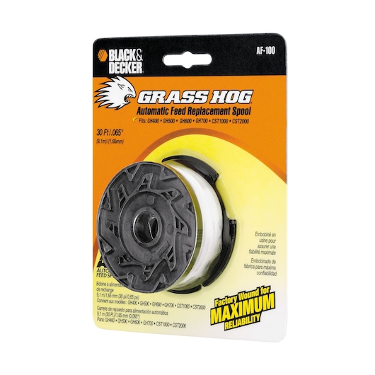 BLACK+DECKER AF-100 automatic feed replacement spool for string trimmers, 30 ft length, product packaging on white background.