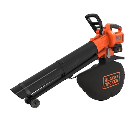 A BLACK+DECKER cordless leaf blower and vacuum with a black collection bag and wheeled nozzle, featuring an orange and black design.