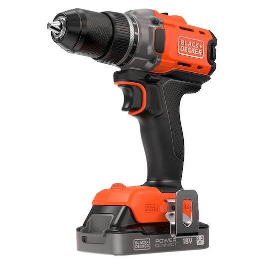 BLACK+DECKER 18V cordless drill with black and orange design and ergonomic grip.