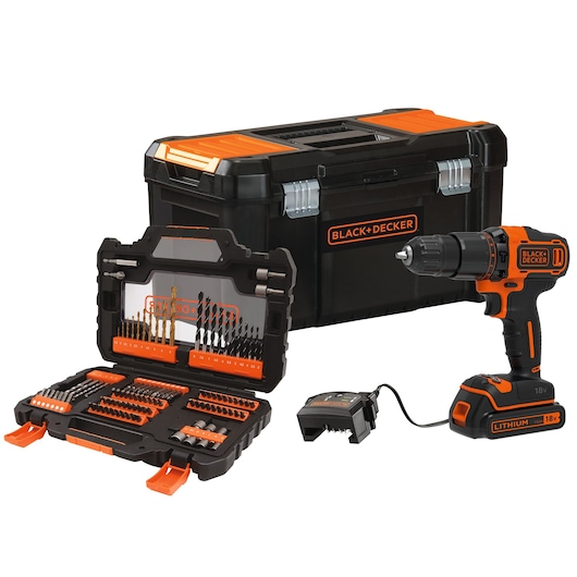 A BLACK+DECKER cordless drill set including an orange and black toolbox, an 18V lithium cordless drill, a charger, and an open case with assorted drill bits and accessories.