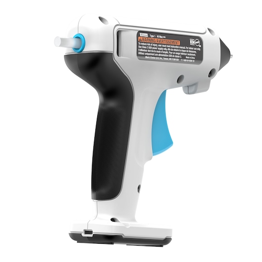 BLACKDECKER BCGL115 cordless hot glue gun with black grip, white body, and blue trigger, side angle view.