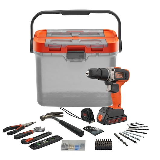 A BLACK+DECKER tool kit including a transparent and orange plastic toolbox, an 18V cordless drill, various drill bits, a hammer, pliers, adjustable wrench, screwdriver, tape measure, spirit level, utility knife, Allen keys, and a small box with screws and wall plugs.