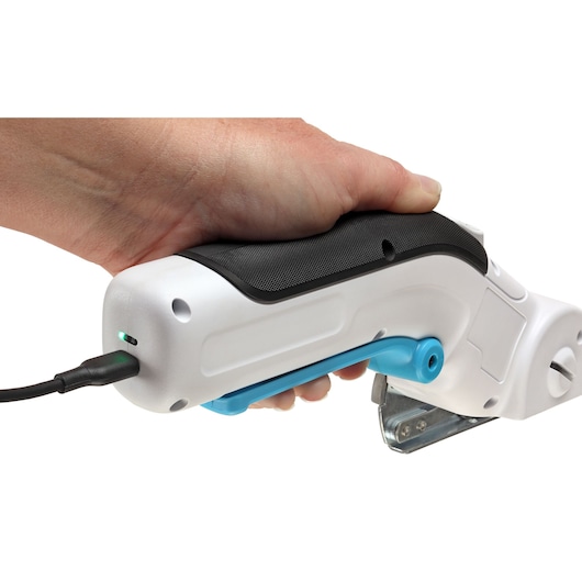 Photo of BLACKDECKER BCRC115 handheld electric tool with black grip, blue trigger, and charging cable, side angle.