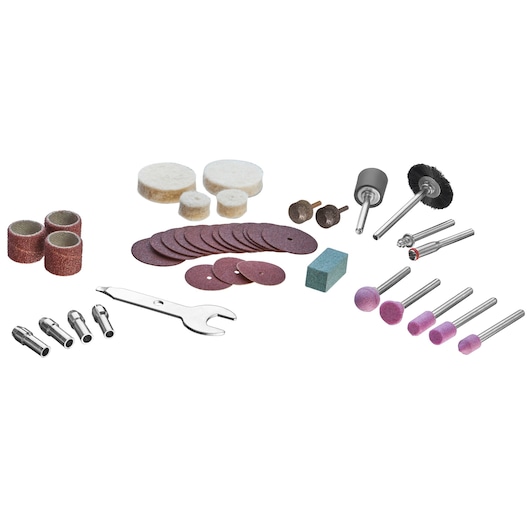 BLACKDECKER BCRT8IPETK rotary tool accessory kit with sanding bands, grinding stones, polishing pads, cutting wheels, collets, and wrench, front view on white background.