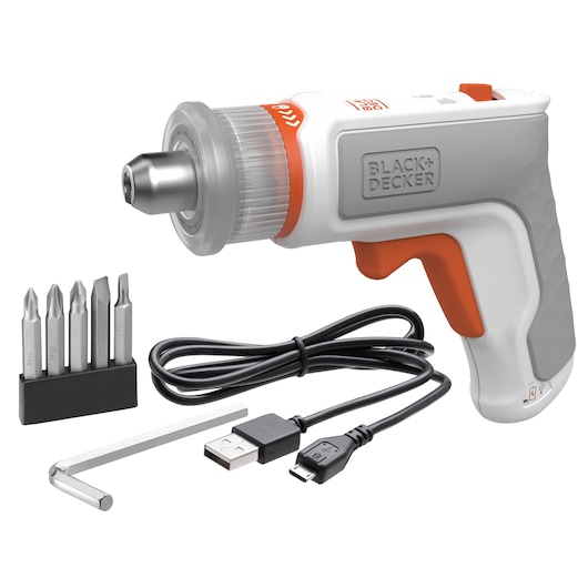 BLACK+DECKER BCRTA01 cordless screwdriver set with white and grey handle, four bits, hex key, and USB charging cable, studio angle.