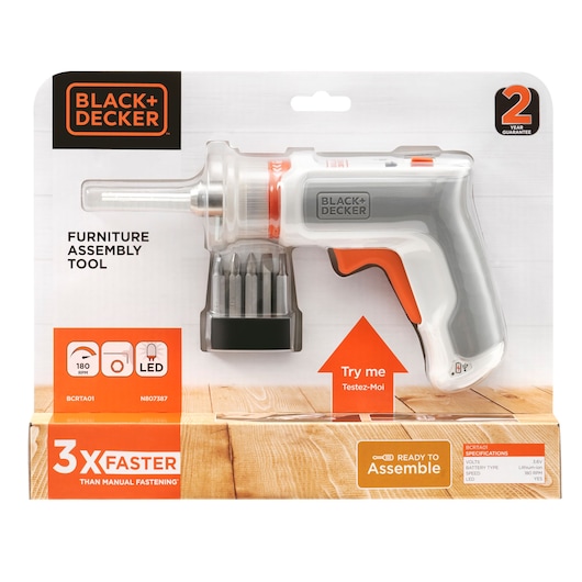 Photo of BLACK+DECKER BCRTA01 furniture assembly tool in packaging, shows grey and orange cordless screwdriver with bit set.