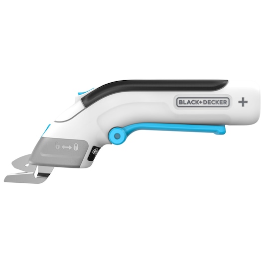 A BLACK+DECKER cordless electric scissors tool with a white and black body and blue accents, showing the blade and the product logo.