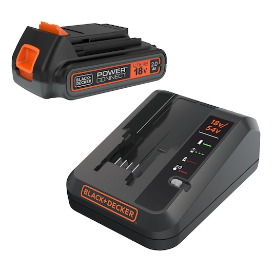 BLACK+DECKER lithium power tool battery (18V, 2.0 Ah) and compatible battery charger with indicator lights, both in black with orange accents.