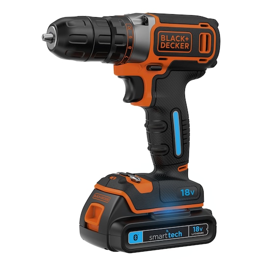 BLACK+DECKER BDCDC18KST cordless drill, black and orange, 18V smart tech battery, studio angle view.