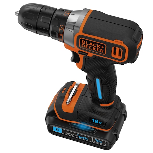 BLACK+DECKER BDCDC18KST cordless drill, 18V, black and orange, front angle on white background