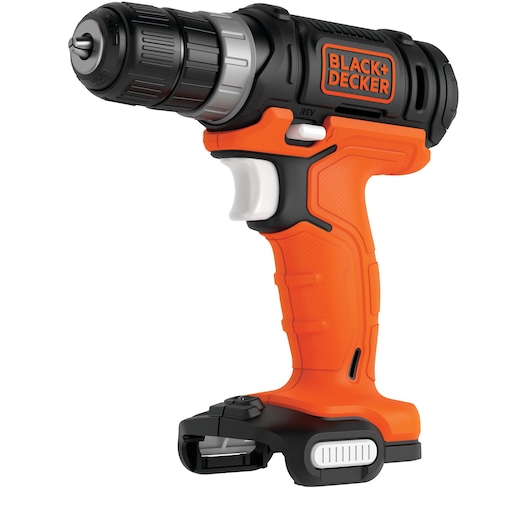 A BLACK+DECKER cordless electric drill with an orange and black ergonomic handle, shown without the battery attached.