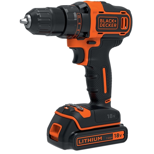 Cordless BLACK+DECKER 18V lithium-ion drill with a black and orange design, ergonomic grip, adjustable torque settings, and a removable battery.