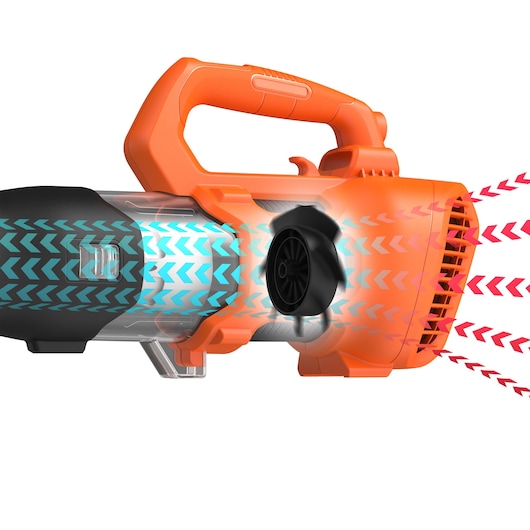 BLACKDECKER BEBL185 leaf blower side angle showing airflow with colored arrows on white background