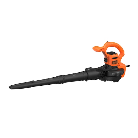 A BLACK+DECKER electric leaf blower and vacuum with an orange handle and a long black nozzle, shown on a white background.