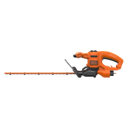 Side view of an orange and black BLACK+DECKER electric hedge trimmer with a long blade and ergonomic handle.