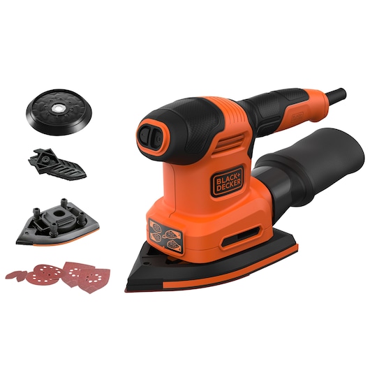 BLACK+DECKER BEW200 orange multi-sander with attachments and sanding sheets, front angle on white background.