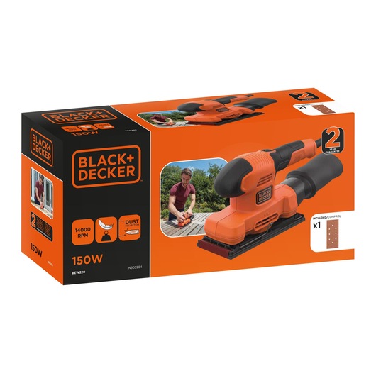 BLACK+DECKER BEW220 orange and black sander box, 150W, dust collector, front angle on white background.