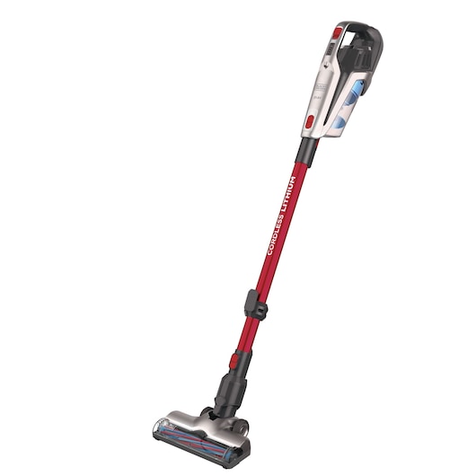 A BLACK+DECKER cordless stick vacuum cleaner with a red shaft and a compact brush head, presented against a white background.