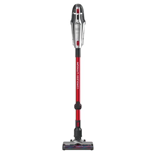 A BLACK+DECKER cordless lithium stick vacuum cleaner with a red and silver design, shown in an upright position against a white background.