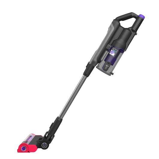 BLACKDECKER BHFEA640WG cordless stick vacuum, side angle, black and purple with a red brush head.