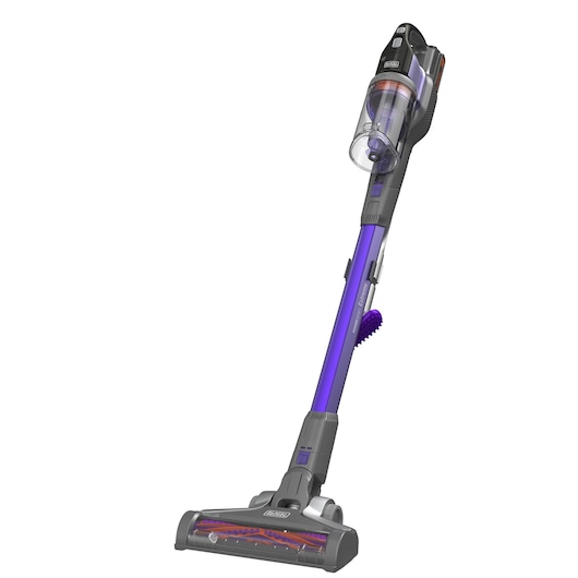 A cordless stick vacuum cleaner with a purple and grey design, branded BLACK+DECKER, featuring a transparent dust canister and a motorized brush head.