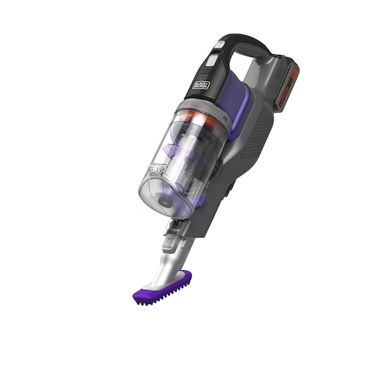 A BLACK+DECKER handheld cordless vacuum cleaner with a transparent dust container and a purple brush attachment.