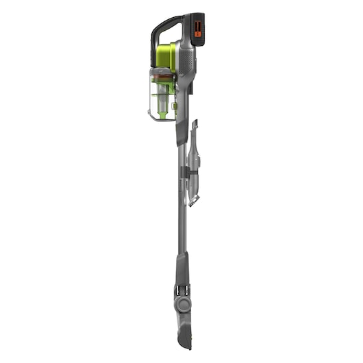 Side view of a BLACK+DECKER cordless stick vacuum cleaner with a transparent dust container and lime green accents.