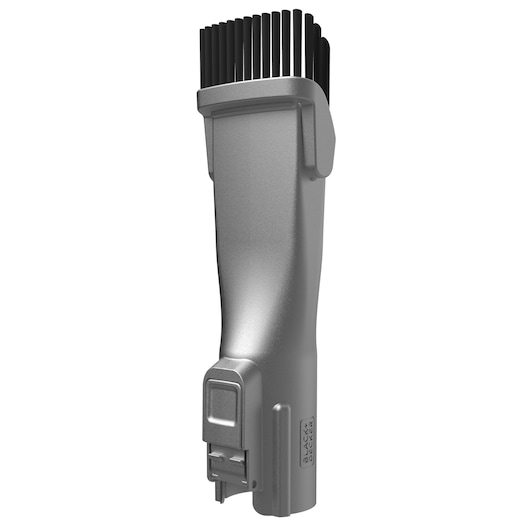 BLACKDECKER BHFEV362DA vacuum brush attachment, silver and black, front angle, photography
