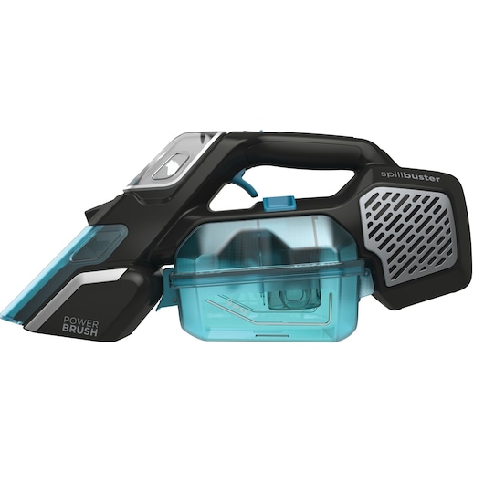 Photo of BLACK+DECKER BHSB320JP handheld spillbuster wet/dry vacuum cleaner, side view, with blue dust bin.