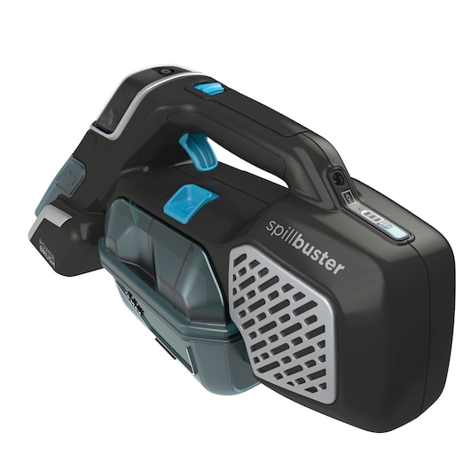 BLACKDECKER BHSB320JP handheld wet/dry vacuum with spillbuster label, black with blue accents, angled view.