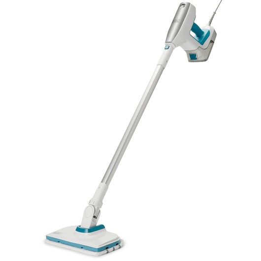 BLACKDECKER BHSM15FX08 steam mop, white and blue, angled side view on white background.