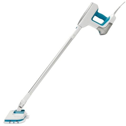 BLACKDECKER BHSM15FX08 white and blue steam mop side angle on white background.