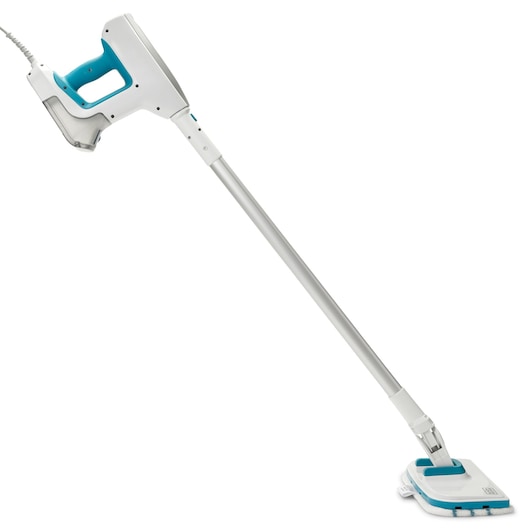 BLACKDECKER BHSM15FX08 steam mop with white and blue design, side angle on white background.