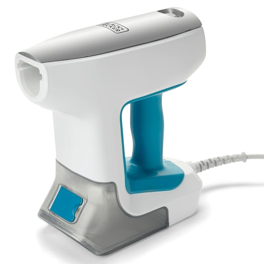 BLACK+DECKER BHSM15FX08 handheld garment steamer, white and blue, side angle on white background.