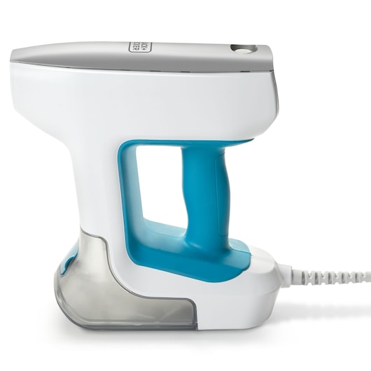 Photo of BLACK+DECKER BHSM15FX08 handheld garment steamer, white with blue handle, side angle on white background.