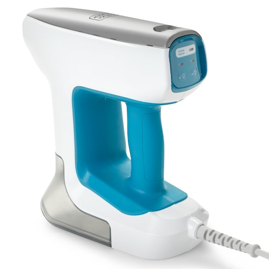 BLACKDECKER BHSM15FX08 handheld steam cleaner, white and blue, side angle on white background.