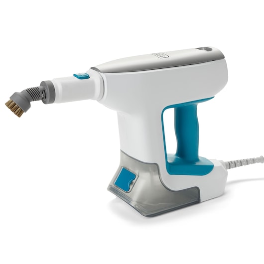 BLACK+DECKER BHSM15FX08 handheld steam cleaner with brass brush attachment, white and blue, side angle on white background.