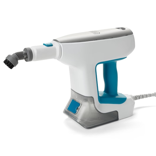 BLACKDECKER BHSM15FX08 handheld steam cleaner with blue handle and nozzle, photography on white background.