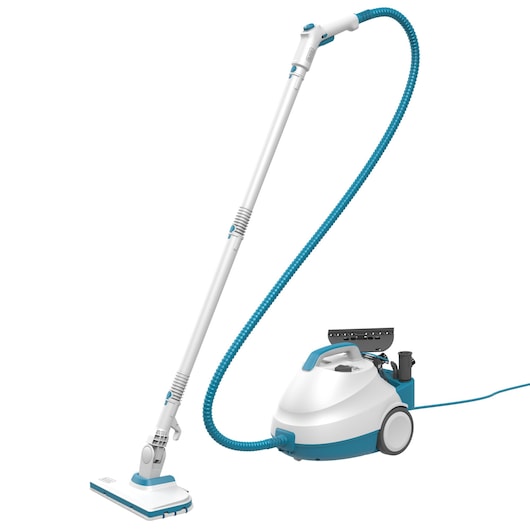 A white and blue canister steam cleaner with a long flexible hose and extension wand, designed for cleaning floors and surfaces.