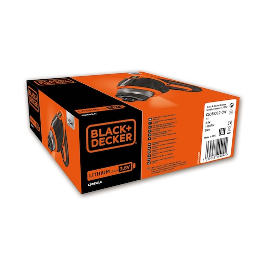 Photo of BLACKDECKER cordless screwdriver box, orange and black, SKU CS3653LC, 3.6V lithium, front angle.