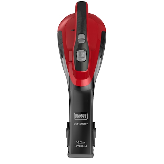 BLACKDECKER DVA315J handheld vacuum, red and black, top angle, dustbuster, lithium battery.