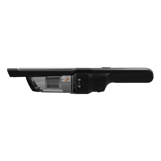 Side view of a BLACK+DECKER handheld vacuum cleaner with a transparent dust container and a black body.