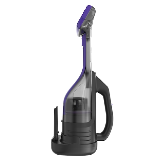 Side view of a BLACK+DECKER handheld vacuum cleaner with a purple accent, sitting in its charging dock on a white background.