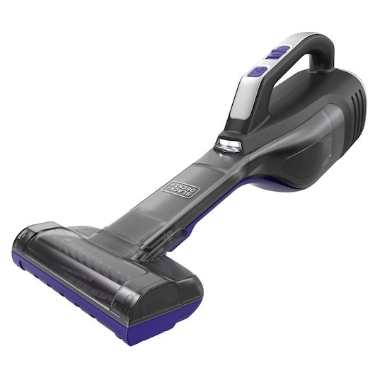 A BLACK+DECKER handheld vacuum cleaner with a brush attachment and ergonomic handle, designed for efficient cleaning of small surfaces.
