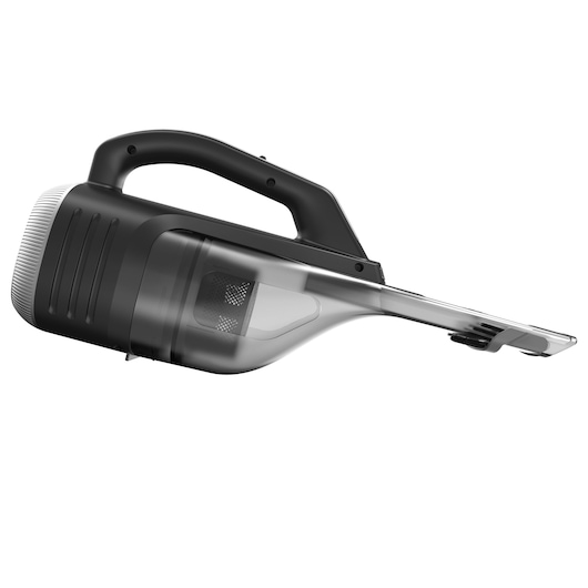 A handheld, black and silver cordless vacuum cleaner with an ergonomic handle and transparent dust container.