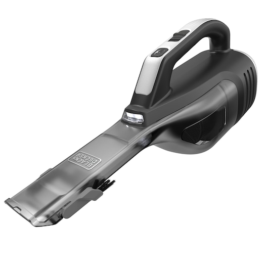 A BLACK+DECKER handheld vacuum cleaner with a sleek black and silver design. The device features an ergonomic handle, visible buttons, and a transparent nozzle with a brush attachment.