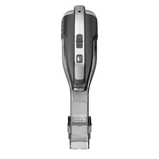 Top view of a BLACK+DECKER handheld vacuum cleaner, DVD320J model, with a grey and black design and visible control buttons.
