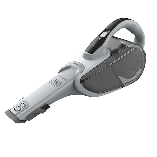 A BLACK+DECKER handheld vacuum cleaner with a modern design, featuring a grey and black color scheme, visible control buttons on the handle, and a transparent dust container.